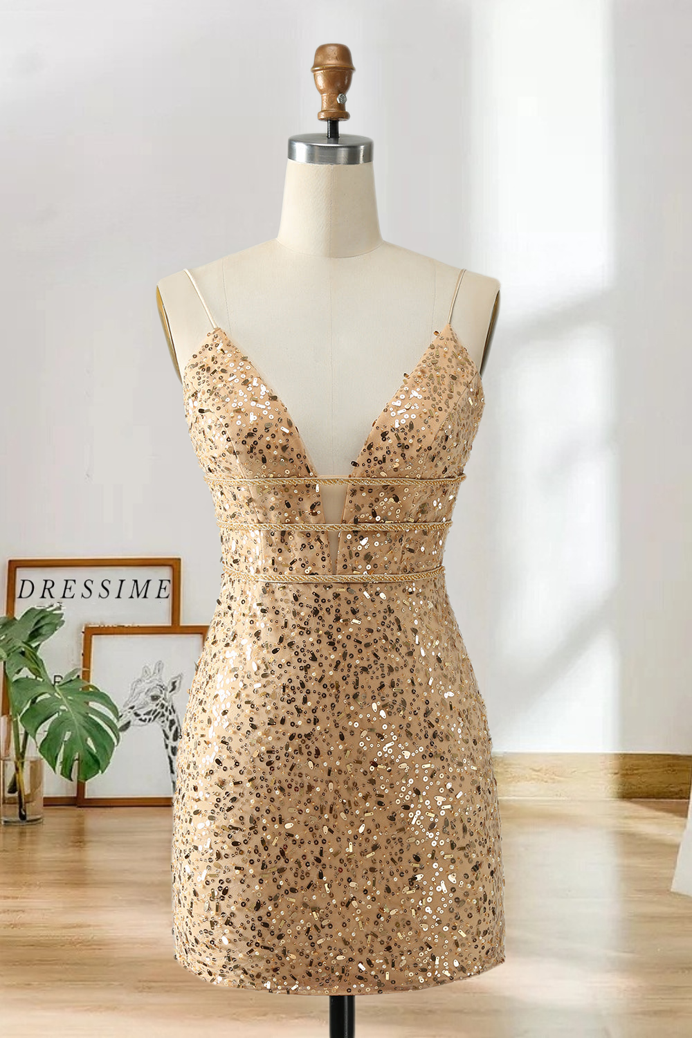 Dressime Bodycon Spaghetti Strap V Neck Sequin Short/Mini Homecoming Dress