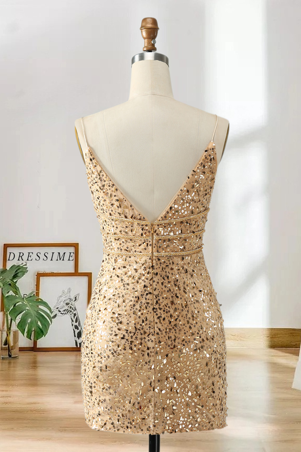 Dressime Bodycon Spaghetti Strap V Neck Sequin Short/Mini Homecoming Dress