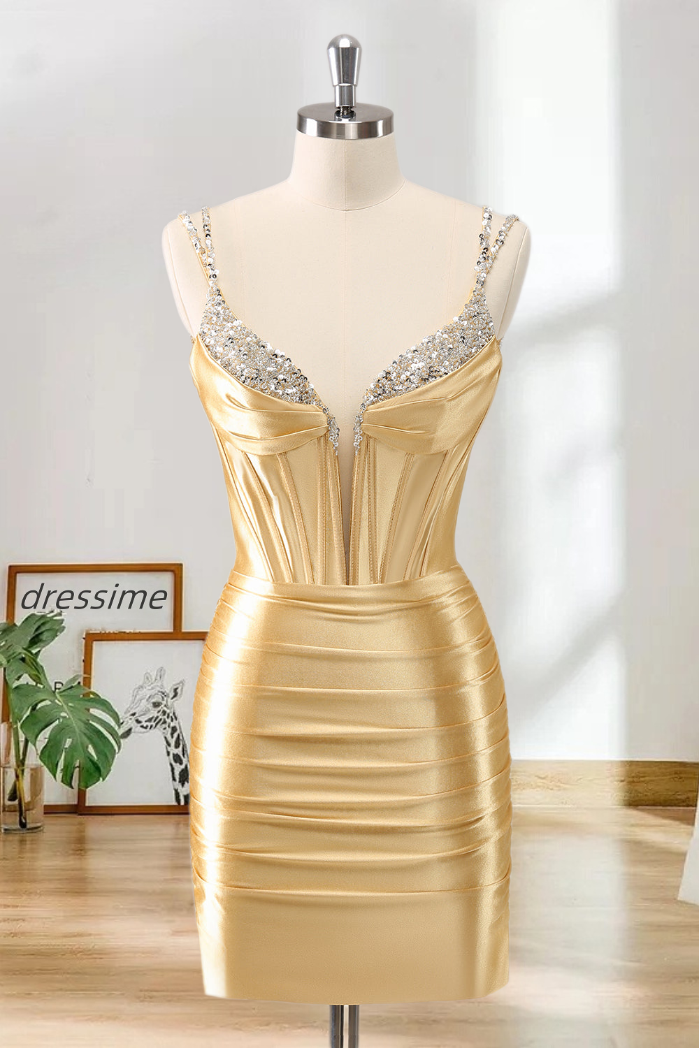 Dressime Bodycon Spaghetti Straps Metallic Satin Short/Mini Homecoming Dress With Beaded