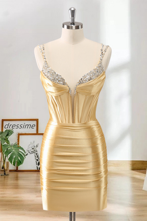 Dressime Bodycon Spaghetti Straps Metallic Satin Short/Mini Homecoming Dress With Beaded