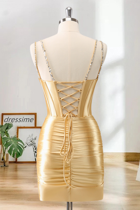 Dressime Bodycon Spaghetti Straps Metallic Satin Short/Mini Homecoming Dress With Beaded