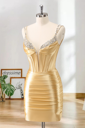 Dressime Bodycon Spaghetti Straps Metallic Satin Short/Mini Homecoming Dress With Beaded