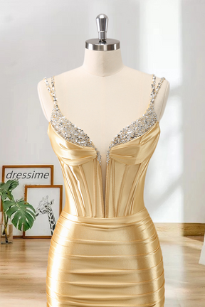 Dressime Bodycon Spaghetti Straps Metallic Satin Short/Mini Homecoming Dress With Beaded