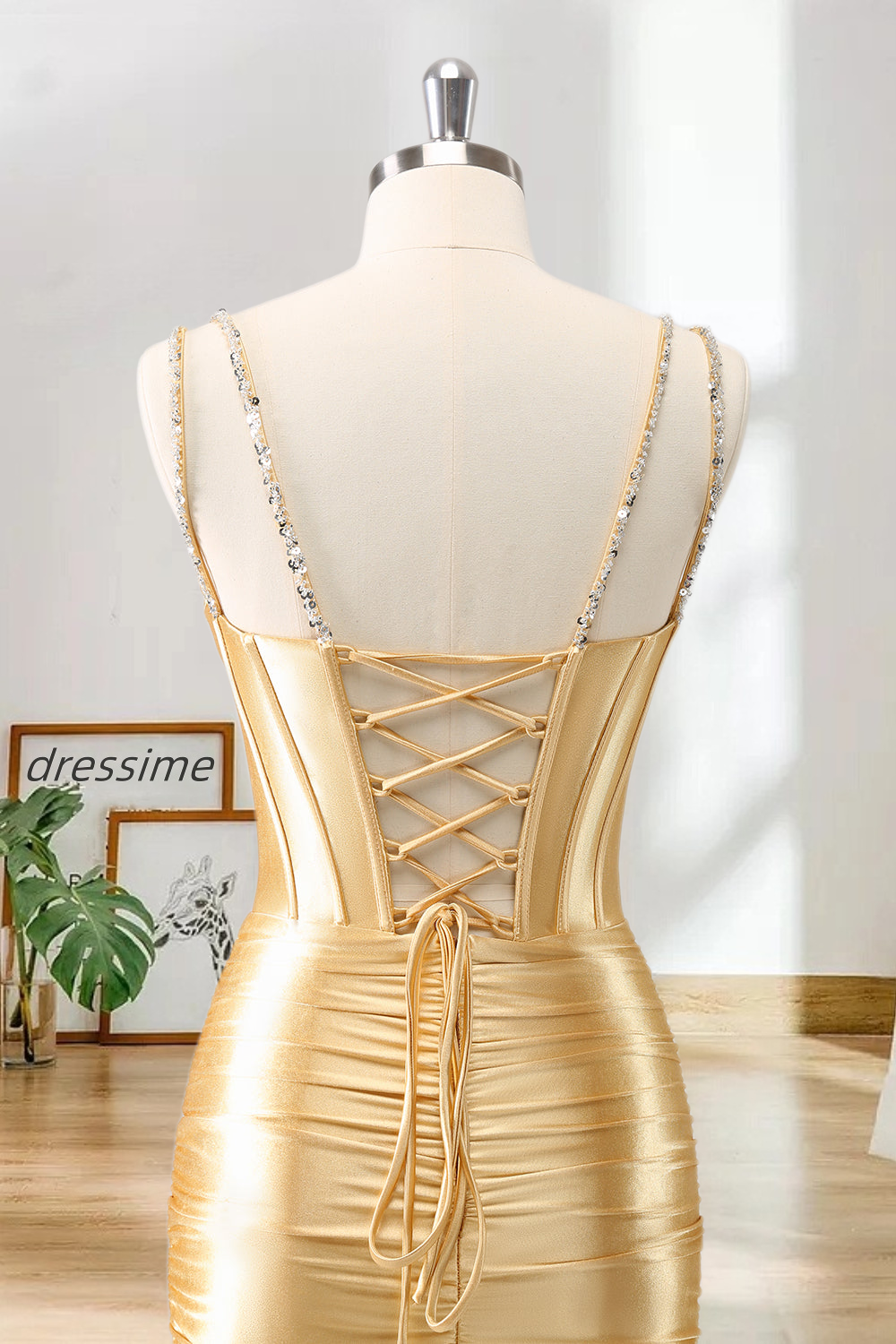 Dressime Bodycon Spaghetti Straps Metallic Satin Short/Mini Homecoming Dress With Beaded