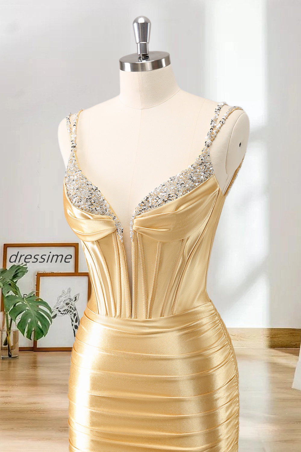 Dressime Bodycon Spaghetti Straps Metallic Satin Short/Mini Homecoming Dress With Beaded