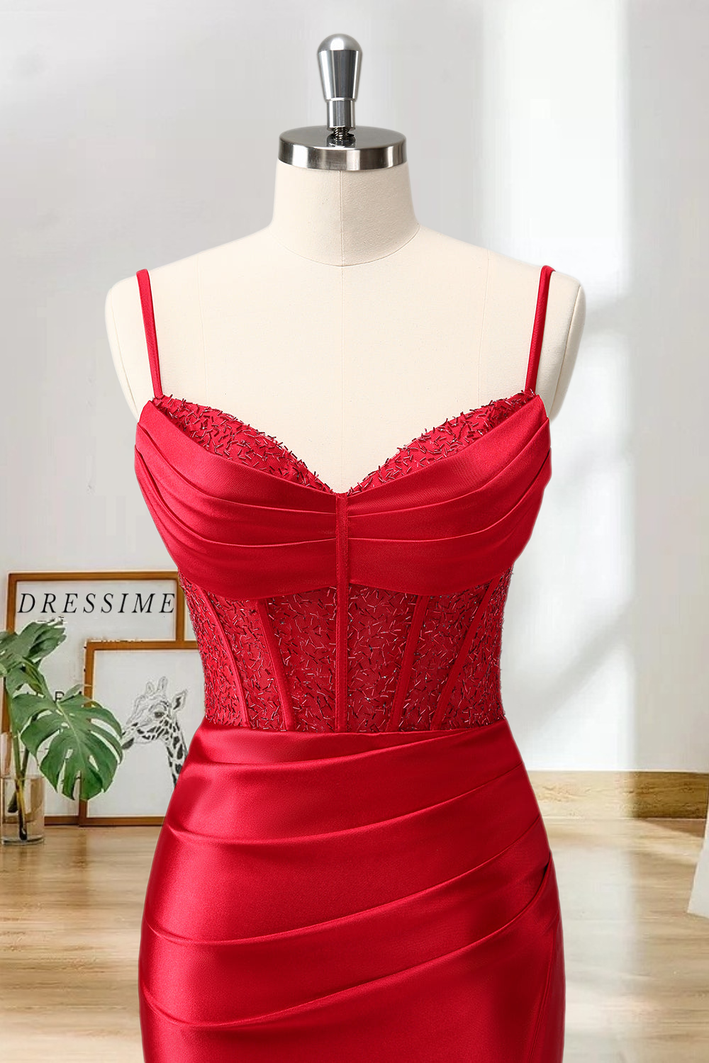 Dressime Bodycon Spaghetti Straps Satin Corset Homecoming Dress with Slit