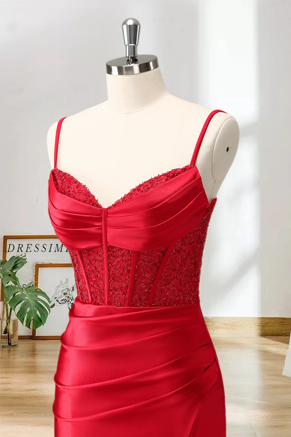 Dressime Bodycon Spaghetti Straps Satin Corset Homecoming Dress with Slit