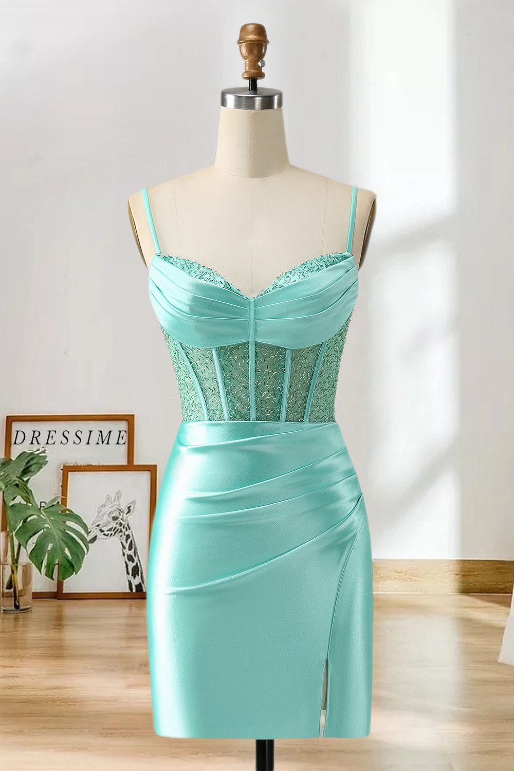 Dressime Bodycon Spaghetti Straps Satin Corset Homecoming Dress with Slit