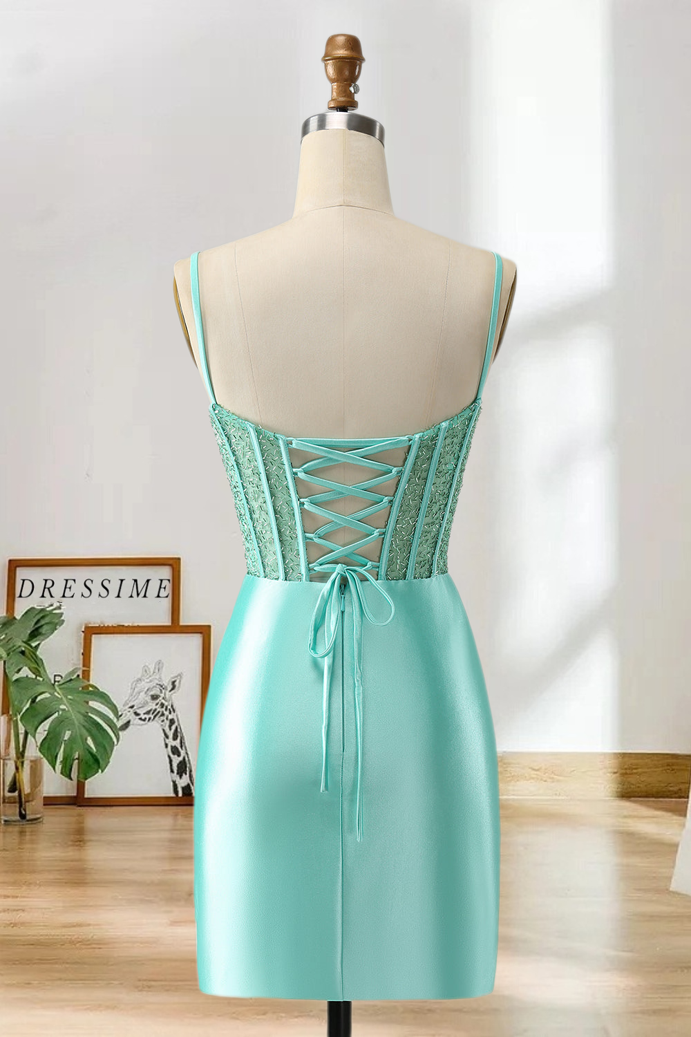 Dressime Bodycon Spaghetti Straps Satin Corset Homecoming Dress with Slit