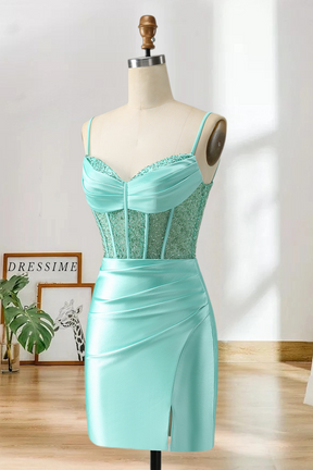 Dressime Bodycon Spaghetti Straps Satin Corset Homecoming Dress with Slit