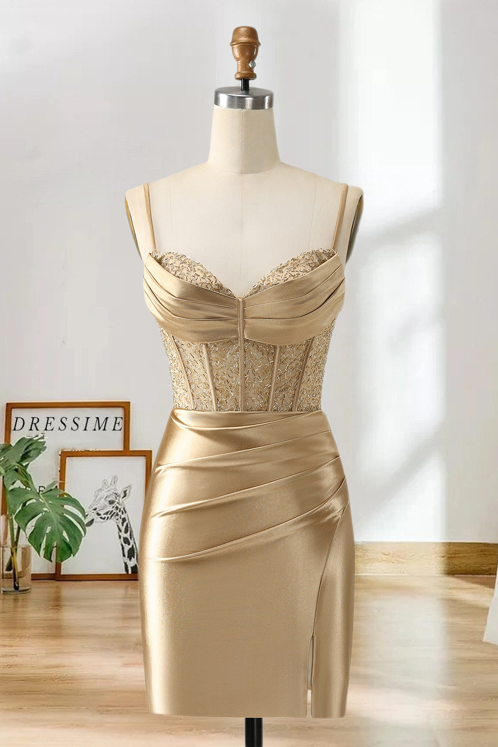 Dressime Bodycon Spaghetti Straps Satin Corset Homecoming Dress with Slit