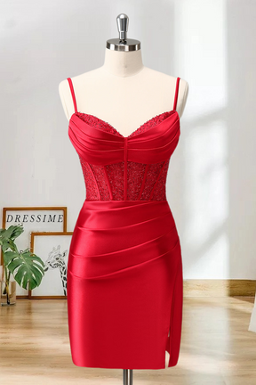 Dressime Bodycon Spaghetti Straps Satin Corset Homecoming Dress with Slit