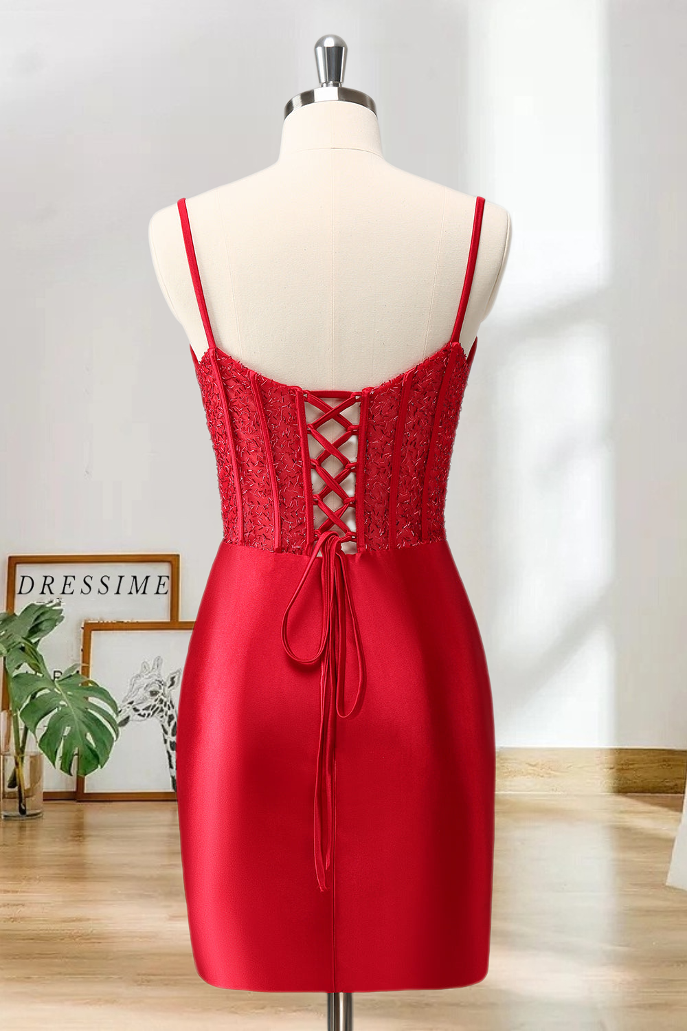 Dressime Bodycon Spaghetti Straps Satin Corset Homecoming Dress with Slit