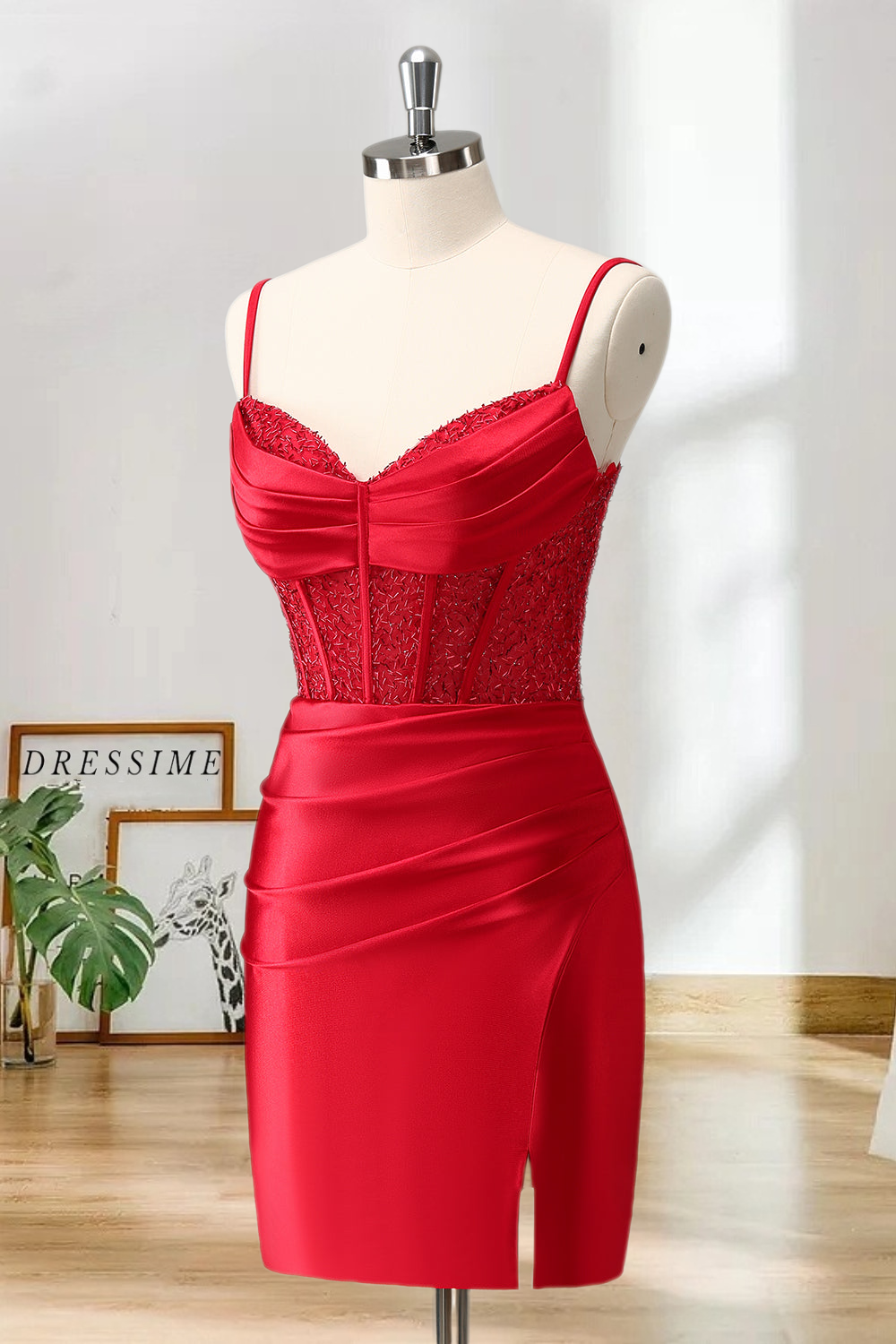 Dressime Bodycon Spaghetti Straps Satin Corset Homecoming Dress with Slit