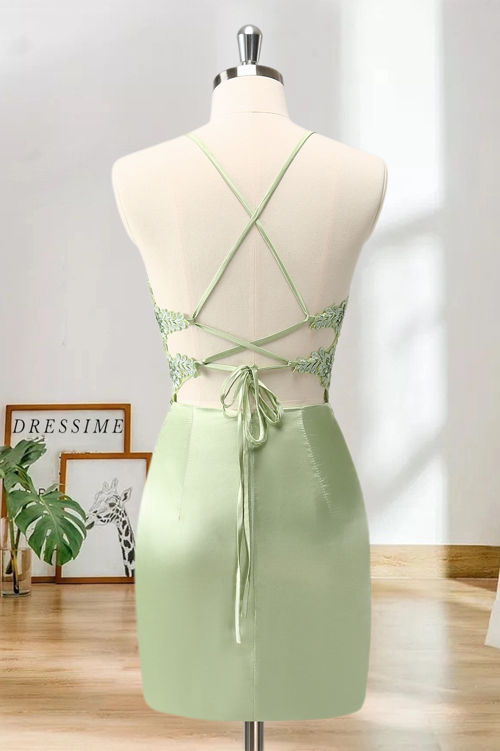 Dressime Bodycon Spaghetti Straps Satin Corset Short/Mini Homecoming Dress With Beaded Appliques