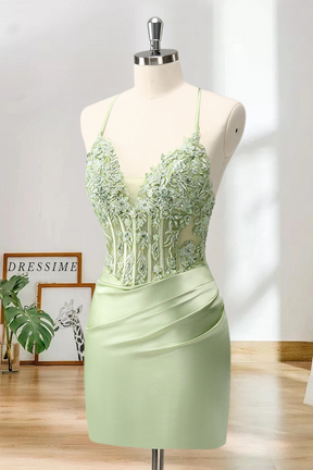 Dressime Bodycon Spaghetti Straps Satin Corset Short/Mini Homecoming Dress With Beaded Appliques