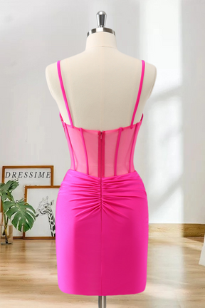 Dressime Bodycon Spaghetti Straps Satin Corset Short/Mini Homecoming Dress with Beading