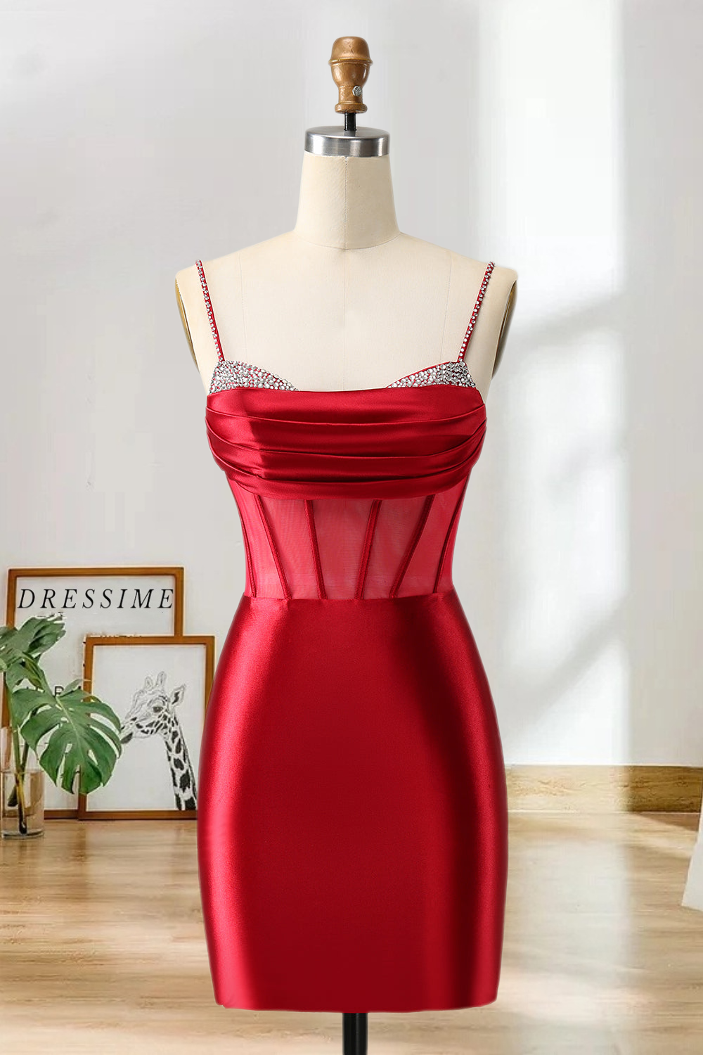 Dressime Bodycon Spaghetti Straps Satin Corset Short/Mini Homecoming Dress with Beading