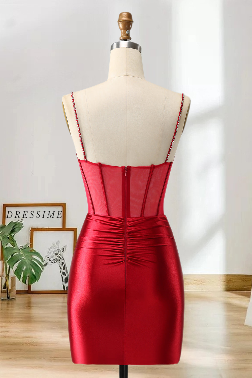 Dressime Bodycon Spaghetti Straps Satin Corset Short/Mini Homecoming Dress with Beading