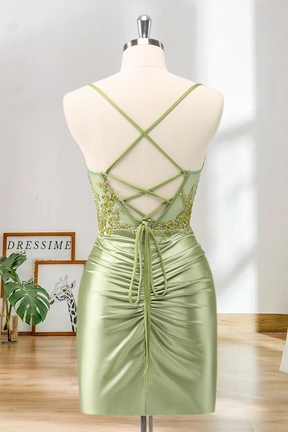 Dressime Bodycon Spaghetti Straps Satin Pleated Corset Short/Mini Homecoming Dress With Appliques