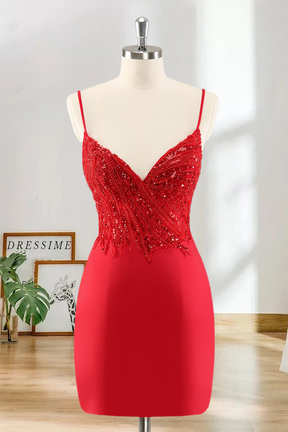 Dressime Bodycon Spaghetti Straps Satin Short/Mini Homecoming Dress with Sequins