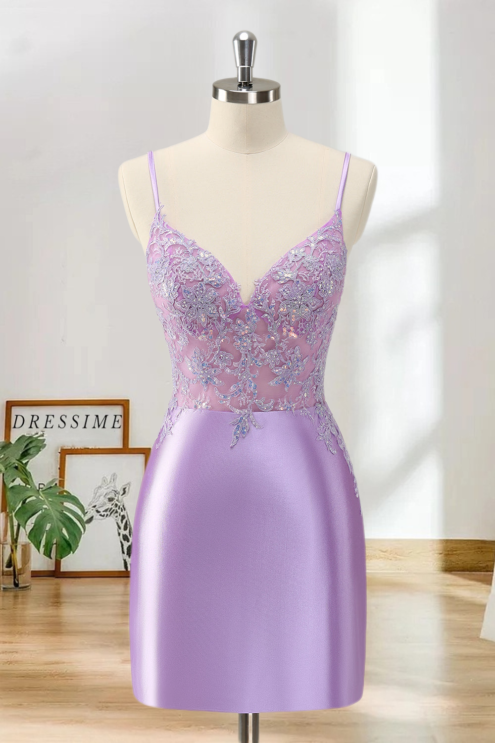 Dressime Bodycon Spaghetti Straps Satin Short/MiniHomecoming Dress with Sequins