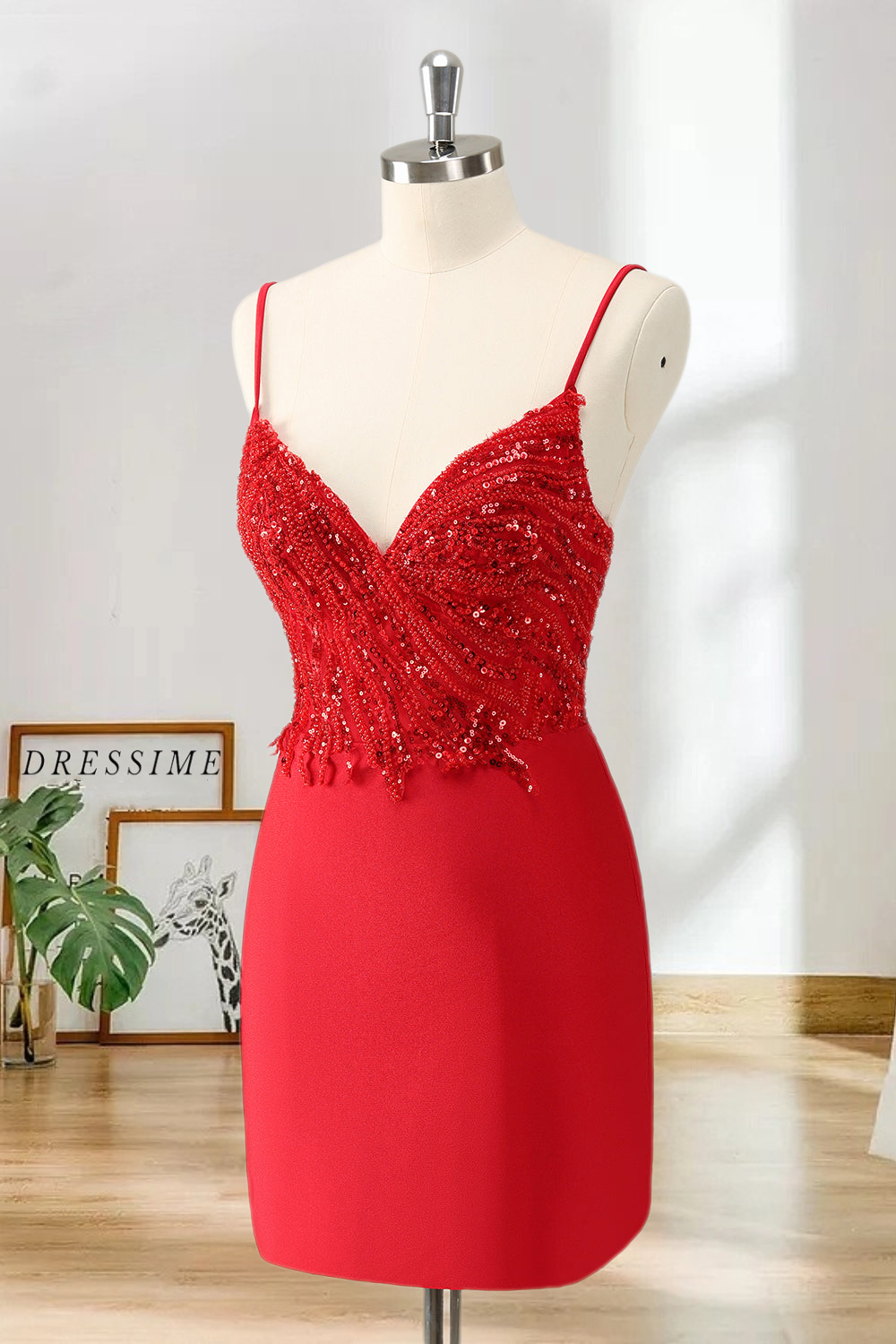 Dressime Bodycon Spaghetti Straps Satin Short/Mini Homecoming Dress with Sequins