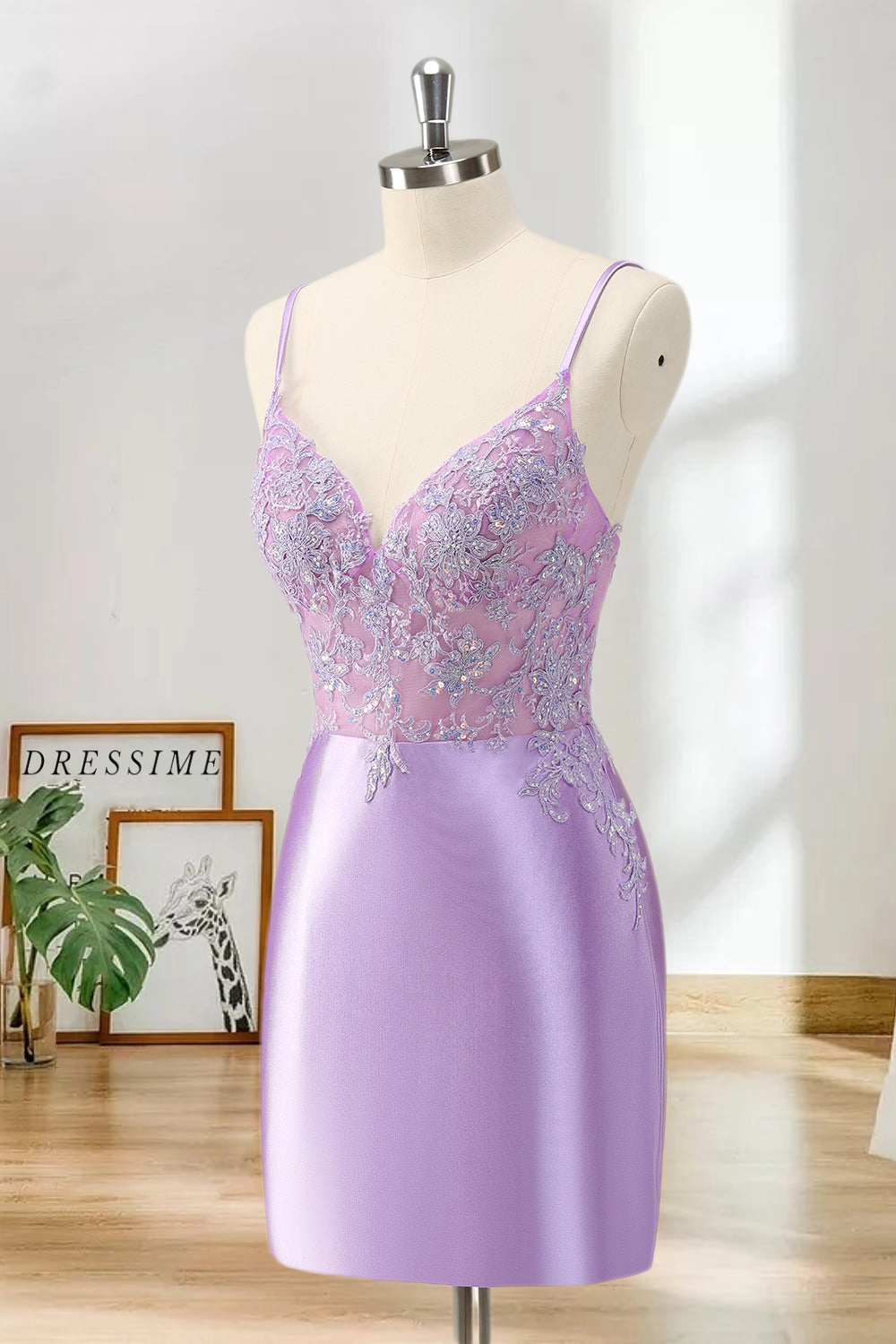 Dressime Bodycon Spaghetti Straps Satin Short/MiniHomecoming Dress with Sequins