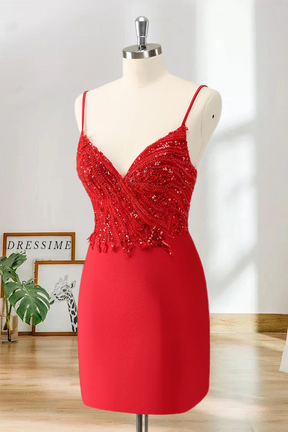 Dressime Bodycon Spaghetti Straps Satin Short/Mini Homecoming Dress with Sequins