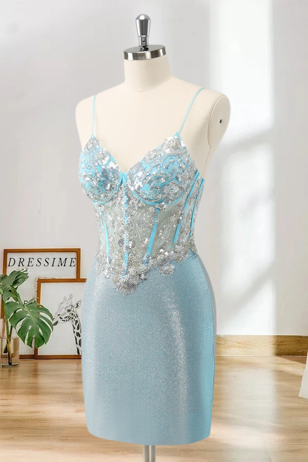 Dressime Bodycon Spaghetti Straps Tight Corset Short/Mini Homecoming Dress with Sequins