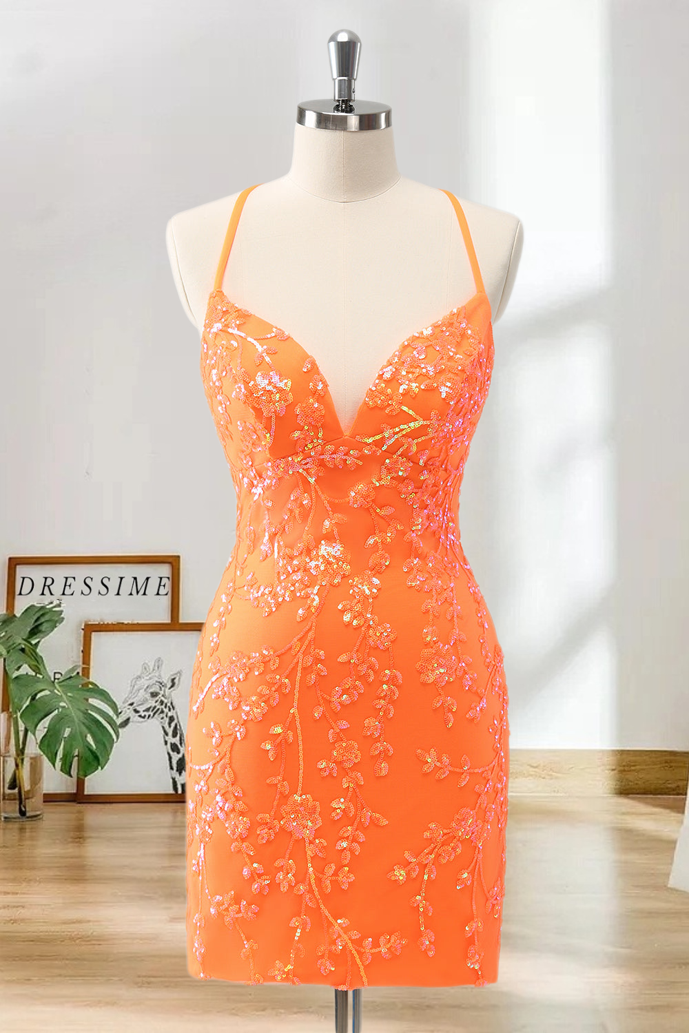 Dressime Bodycon Spaghetti Straps Tight Short/Mini Homecoming Dress with Sequins