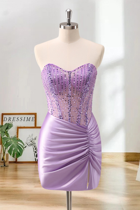 Dressime Bodycon Strapless Satin Corset Ruched Tight Short/Mini Homecoming Dress With Sequins