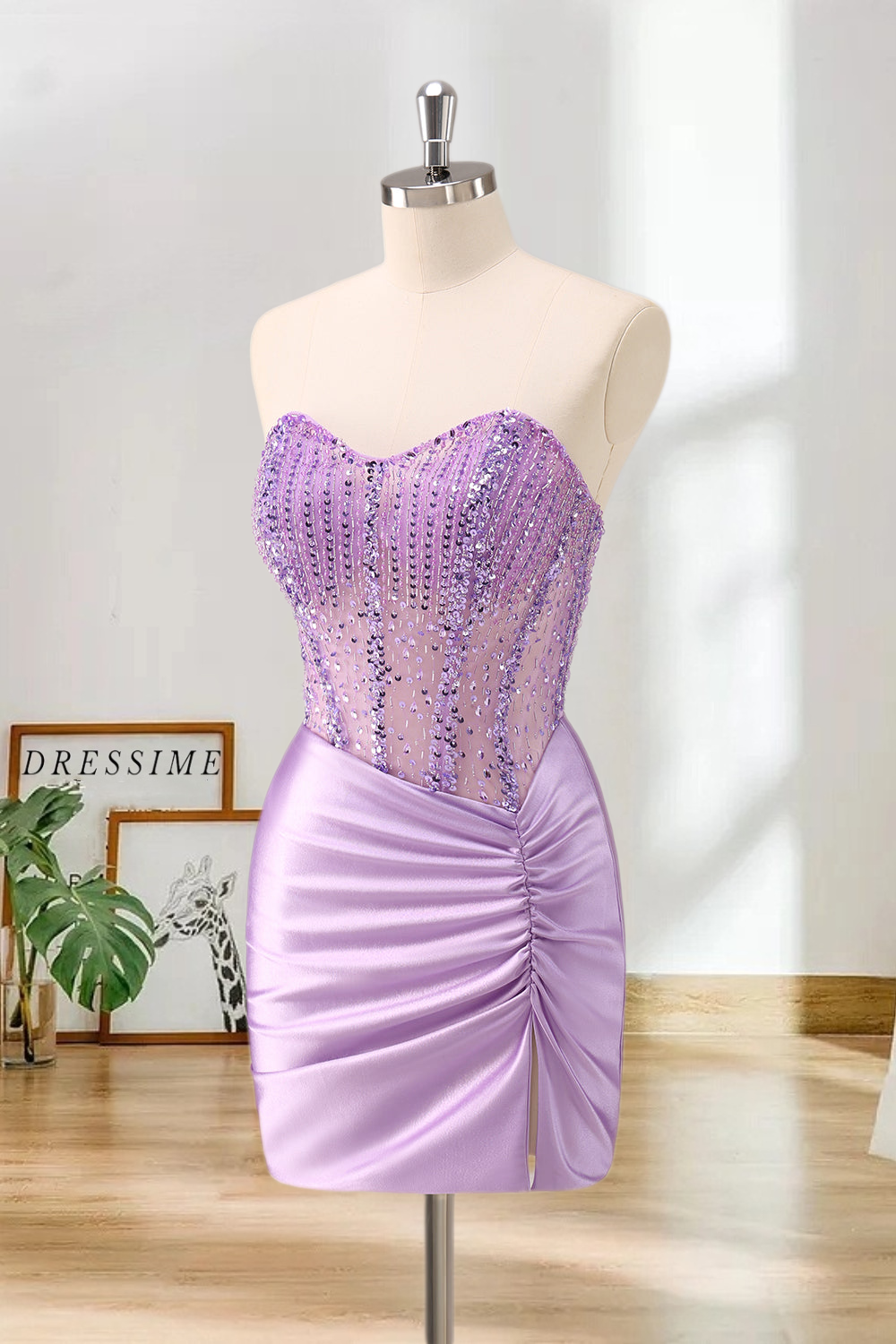 Dressime Bodycon Strapless Satin Corset Ruched Tight Short/Mini Homecoming Dress With Sequins