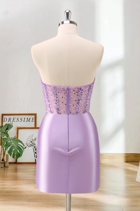 Dressime Bodycon Strapless Satin Corset Ruched Tight Short/Mini Homecoming Dress With Sequins