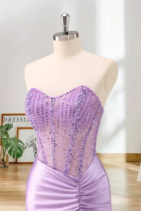 Dressime Bodycon Strapless Satin Corset Ruched Tight Short/Mini Homecoming Dress With Sequins