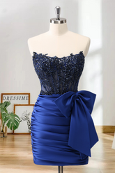 Dressime Bodycon Strapless Satin Tight Short/Mini Homecoming Dress With Beaded Appliques