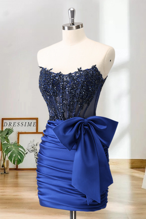 Dressime Bodycon Strapless Satin Tight Short/Mini Homecoming Dress With Beaded Appliques