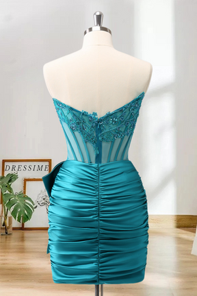 Dressime Bodycon Strapless Satin Tight Short/Mini Homecoming Dress With Beaded Appliques