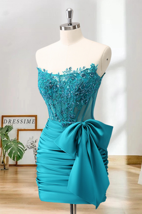 Dressime Bodycon Strapless Satin Tight Short/Mini Homecoming Dress With Beaded Appliques