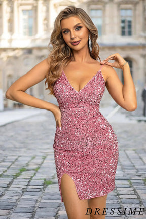 Dressime Bodycon V Neck Sequin Short/Mini Homecoming Dress With Slit