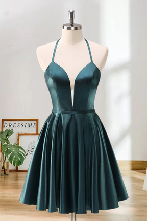 Dressime Cute A Line Halter Satin Short/Mini Homecoming Dress