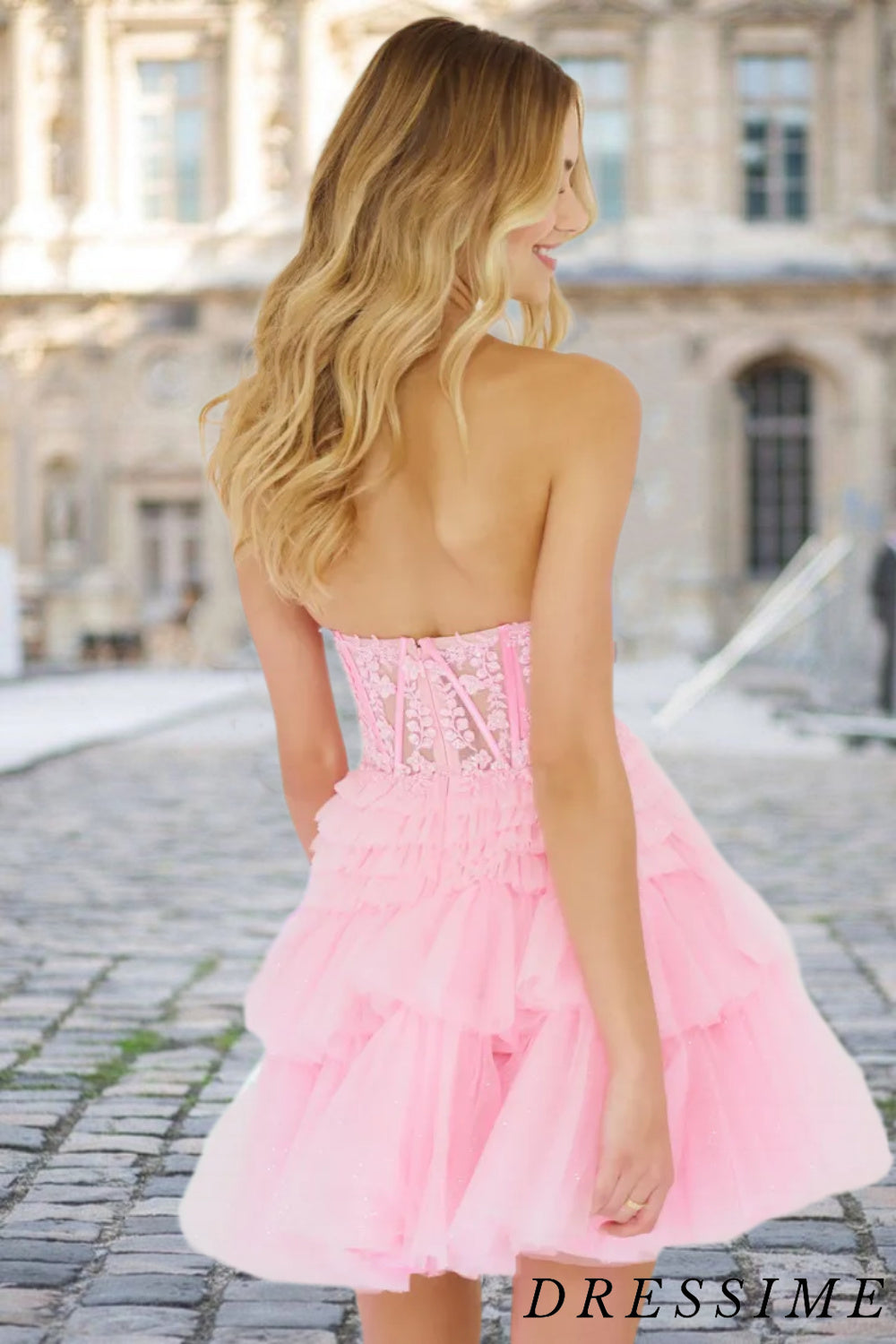 Dressime Cute A Line Tiered Sweetheart Tulle Short Homecoming Dresses with Ruffles