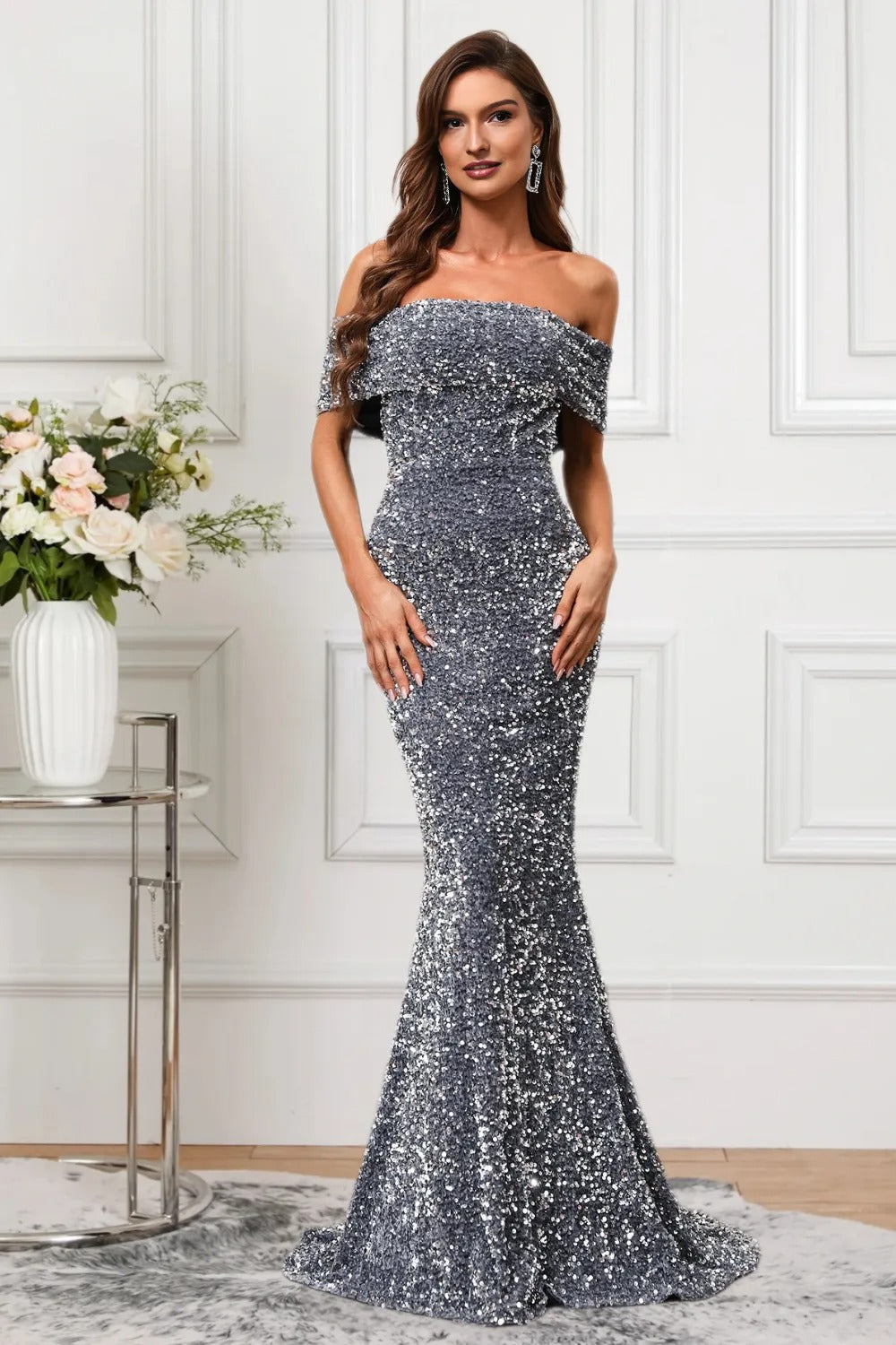 Dressime Delicate Mermaid Off The Shoulder Sequin Formal Dress