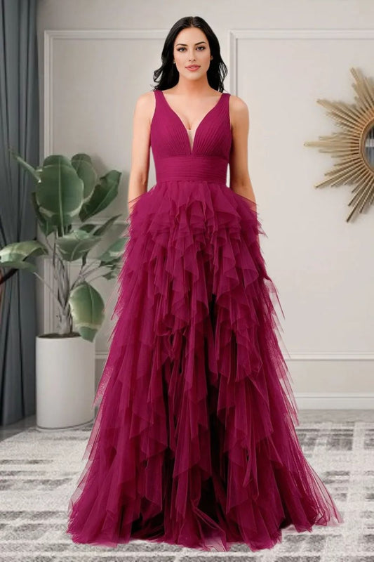 Dressime Elegant A Line V Neck Tulle Ruffled Tiered Long Prom Dress