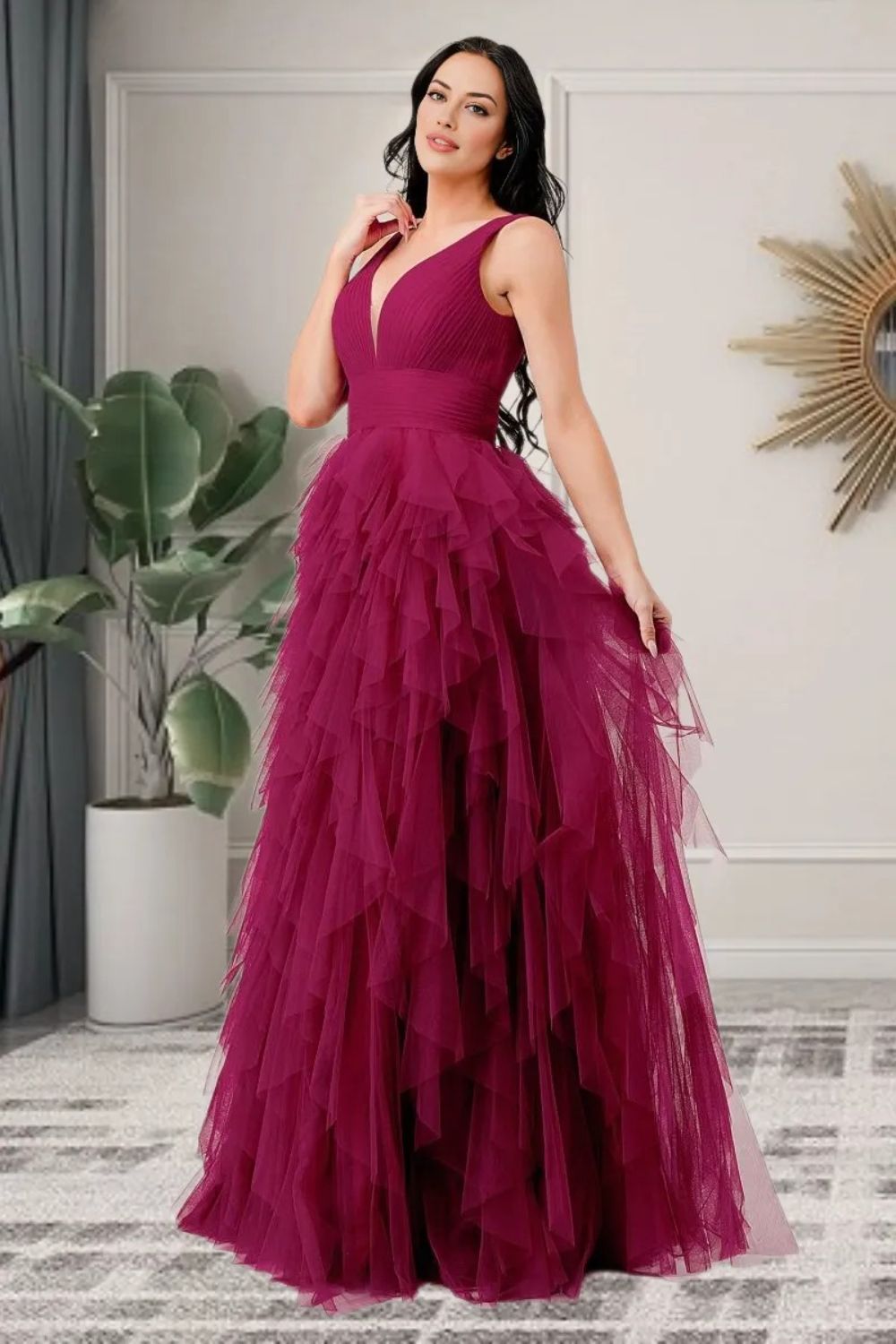 Dressime Elegant A Line V Neck Tulle Ruffled Tiered Long Prom Dress