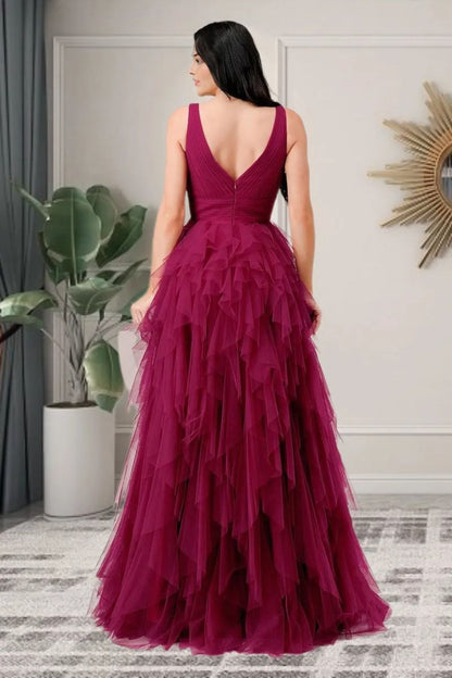 Dressime Elegant A Line V Neck Tulle Ruffled Tiered Long Prom Dress