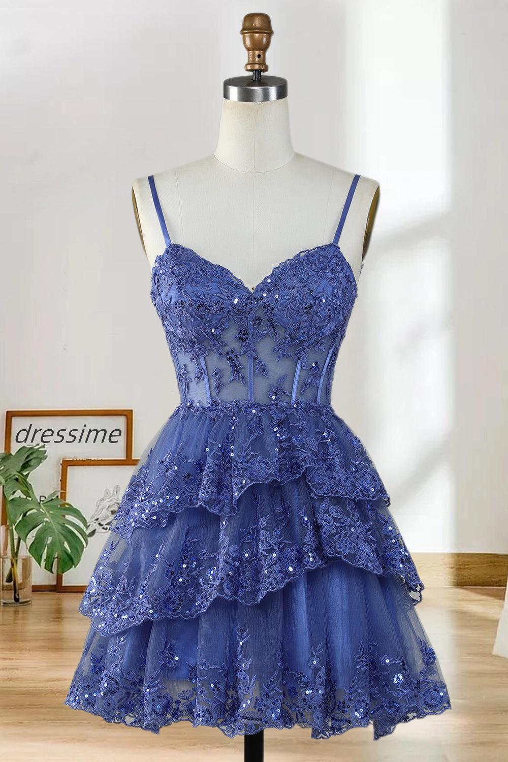 Dressime Fancy Short A-Line Spaghetti Straps Homecoming Dress with Appliques