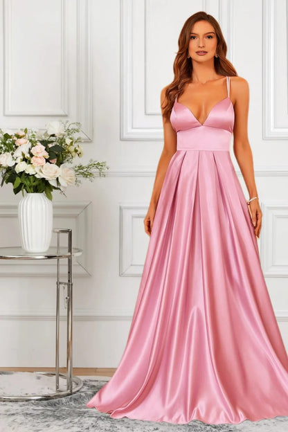 Dressime Flowing A Line Spaghetti Straps Satin Slit Long Formal Dress