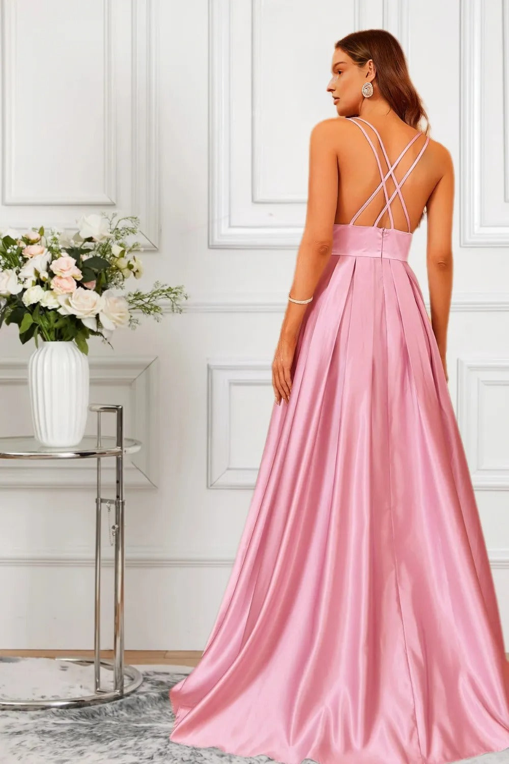 Dressime Flowing A Line Spaghetti Straps Satin Slit Long Formal Dress