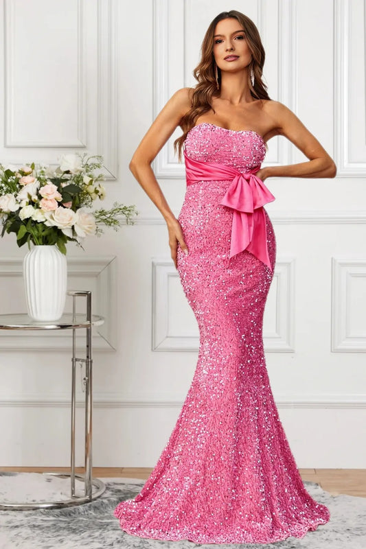 Dressime Glittery Mermaid Strapless Sequin Formal Dress With Bow